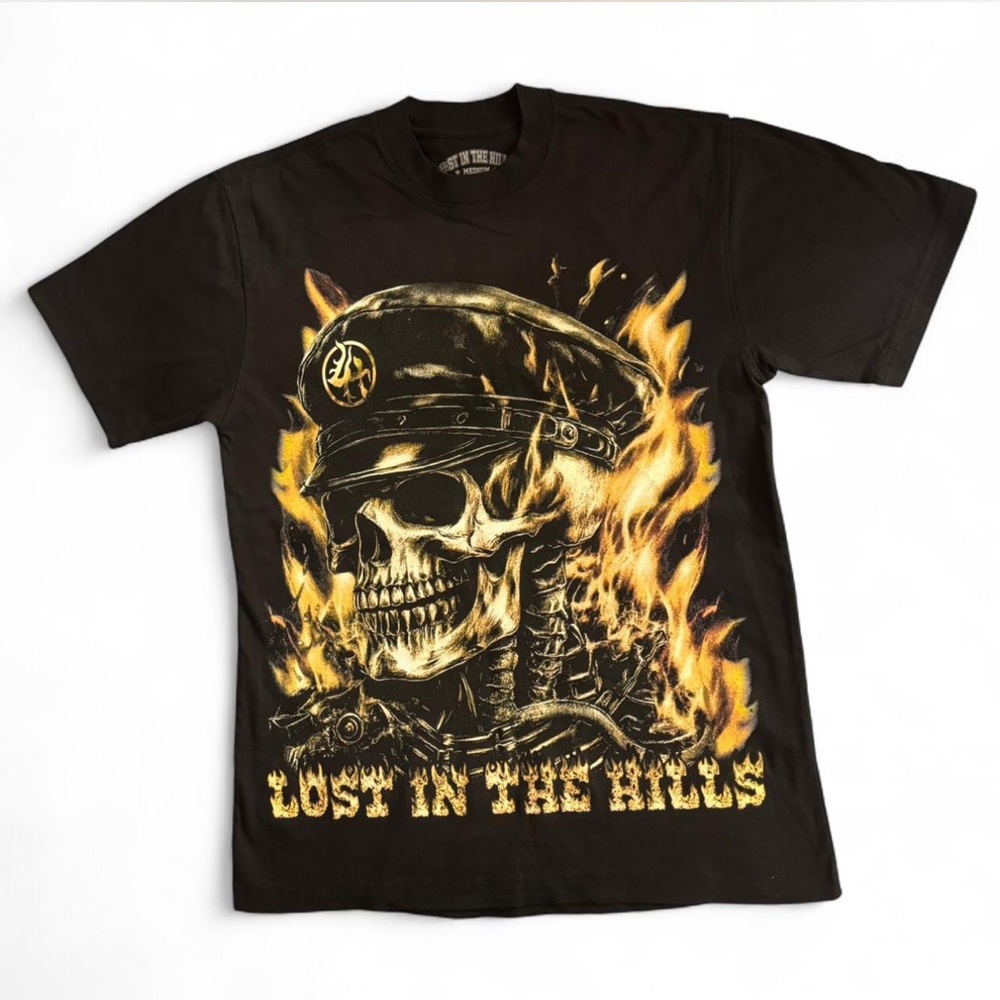 LOST IN THE HILLS Skull Graphic Tee w Flamed Design -Brand New Never Worn-